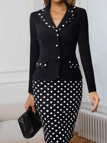 波點圖案前紐扣緊身連衣裙 - 黑色 - 查看 4