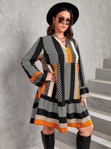 SHEIN LUNE Plus Polka Dot & Striped Print Flounce Sleeve Ruffle Hem Dress - Multicolor - View 4
