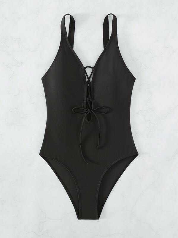 SHEIN Swim Chicsea Laceup Front One Piece Swimsuit SHEIN USA