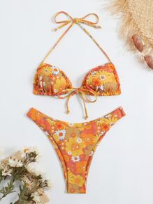 Floral Print Halter Summer Beach Bikini Set - Multicolor - View 3