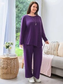 EMERY ROSE Plus Solid Button Front Top & Pants - Purple - View 3