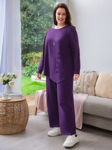 EMERY ROSE Plus Solid Button Front Top & Pants - Purple - View 4