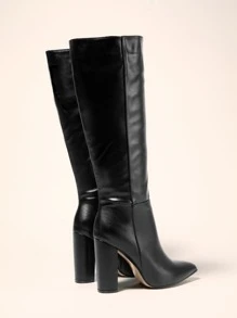 Women's Black Solid Color Over-The-Knee Or Mid-Calf Pointed Toe Chunky High Heel Boots With Side Zipper & Shiny Material, Winter,Wear With Cardigan