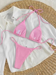 Swim Mod Bikini Triangular Con Cuello Halter Y Canalé De Playa De Verano - Rosa - Ver 2