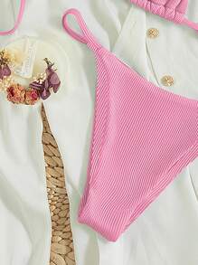 Swim Mod Bikini Triangular Con Cuello Halter Y Canalé De Playa De Verano - Rosa - Ver 5