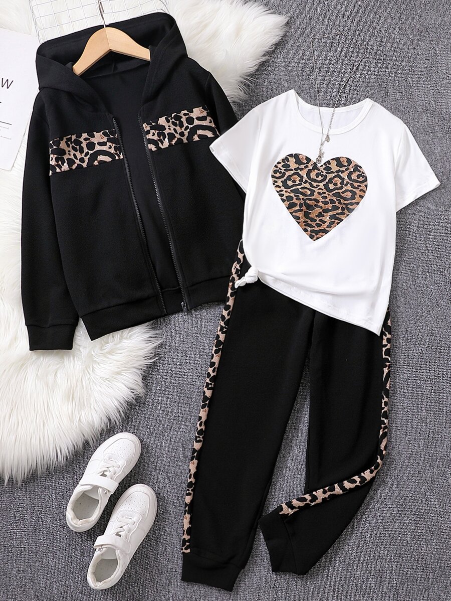 Sparklyn Girls Heart Print Tee & Leopard Panel Zip Up Hooded Jacket & Trousers - Black and White - View 1