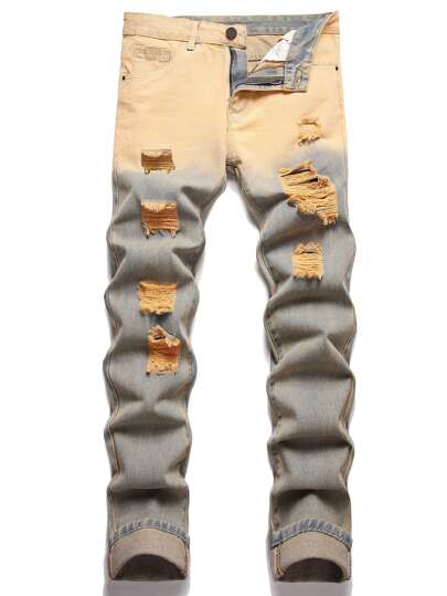 Jeans déchirés de couleur contrastante pour hommes