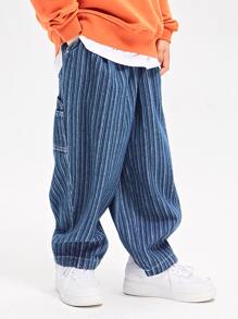 Chico preadolescente Jeans rectos estilo japones de rayas suelto para primavera & otoño - Azul lavado medio - Ver 1