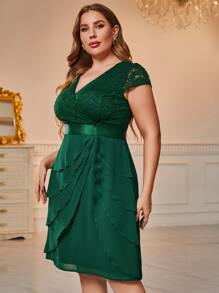 CurvySweet Plus Lace Bodice Wrap Dress - Dark Green - View 1