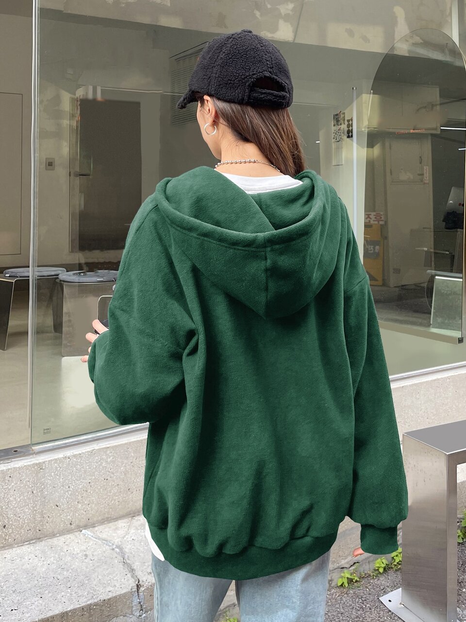 Slogan Graphic Drop Shoulder Zipper Drawstring Hooded Fleece Jacket