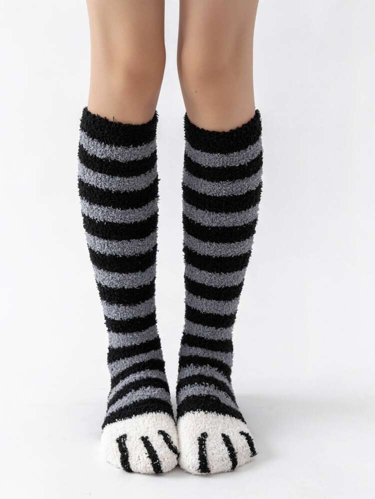 Striped Pattern Over The Calf Fluffy Socks, Cozy