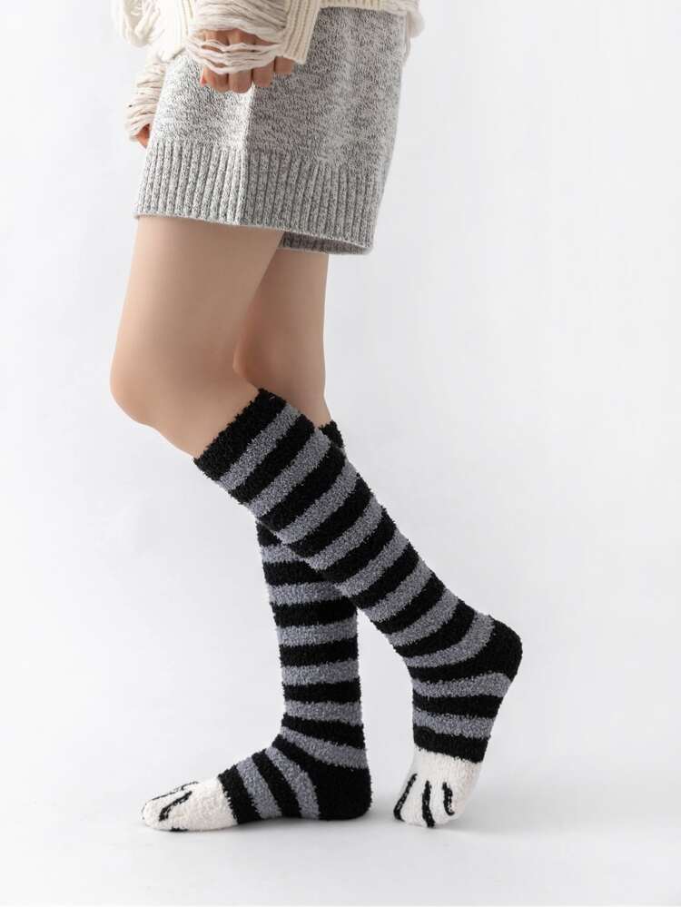 Striped Pattern Over The Calf Fluffy Socks, Cozy