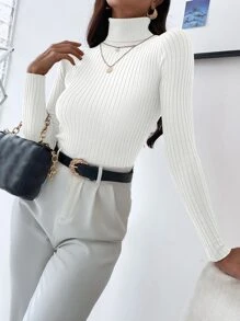 Cloudara Turtleneck Ribbed Knit Sweater - White - View 5