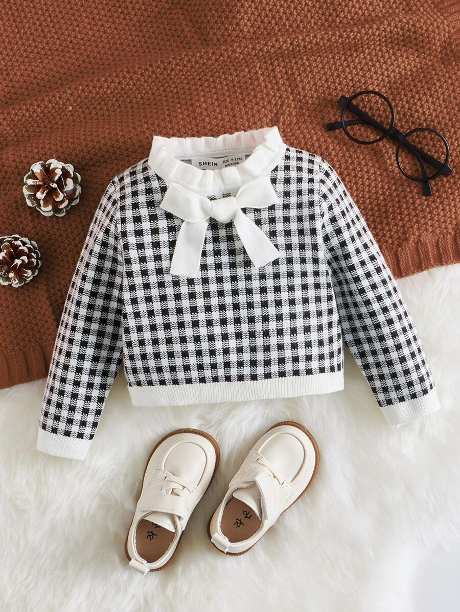 SHEIN Baby Gingham Pattern Bow Front Jumper - Black and White - View 1