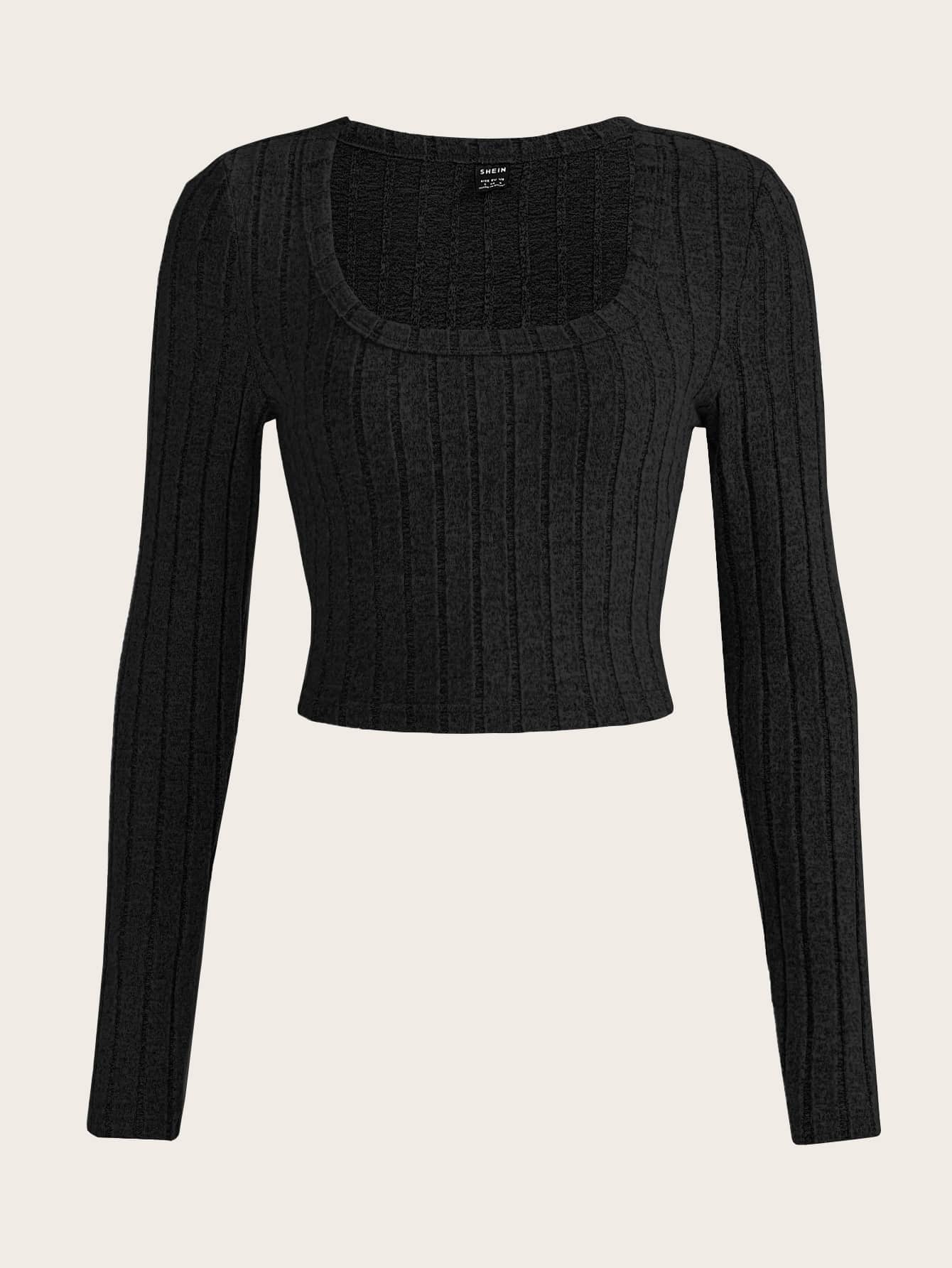 SHEIN EZwear 女士休闲春季纯色圆领短款 T 恤 - 黑色 - 查看 1