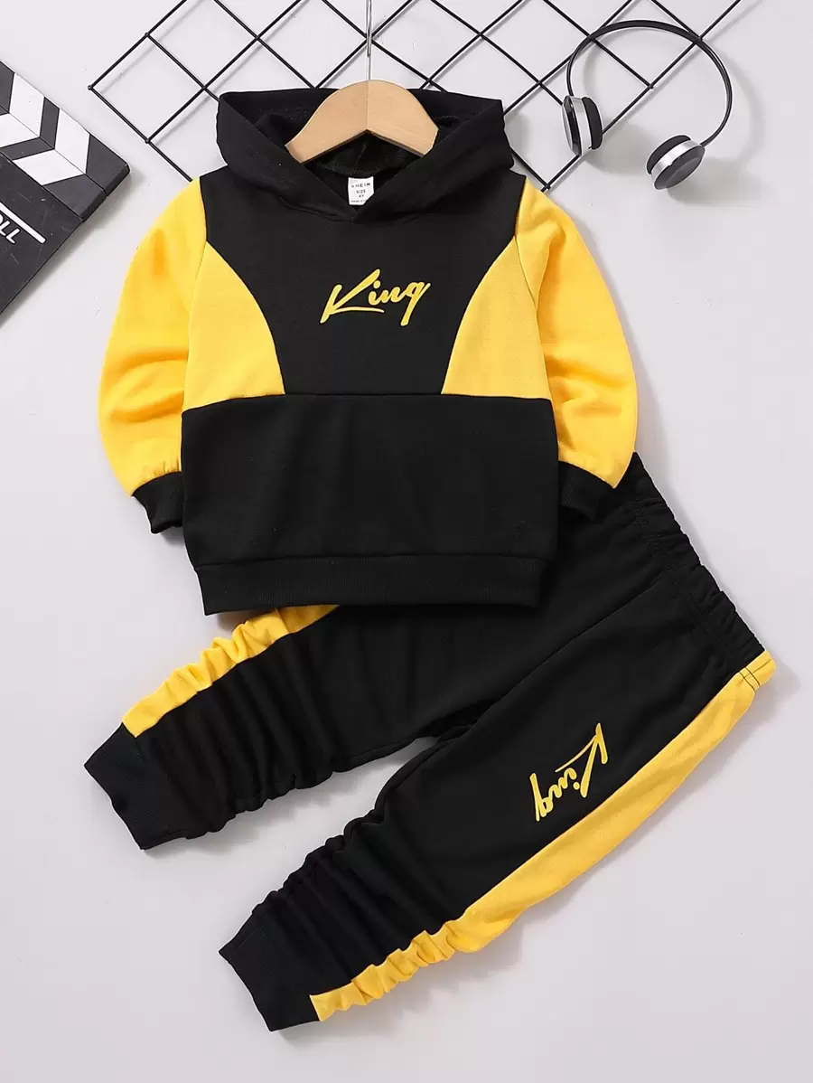 SHEIN 男童字母圖形彩塊連帽衛衣和運動褲 - 彩色 - 查看 1