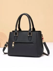 绒球装饰斜挎包，送给妈妈的母亲节礼物，绒球装饰手提包，女士双手柄钱包，时尚PU斜挎包，史上最佳母亲节礼物 - 黑色 - 查看 3