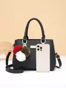 绒球装饰斜挎包，送给妈妈的母亲节礼物，绒球装饰手提包，女士双手柄钱包，时尚PU斜挎包，史上最佳母亲节礼物 - 黑色 - 查看 7