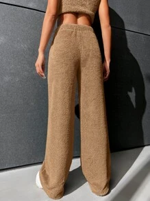 SHEIN EZwear 高腰法蘭絨直筒褲 - 棕色 - 查看 2