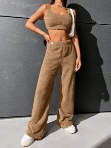 SHEIN EZwear 高腰法蘭絨直筒褲 - 棕色 - 查看 4