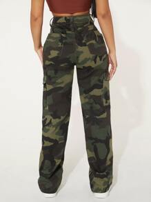 SHEIN PETITE Camo Print Flap Pocket Cargo Jeans - Army Green - View 2