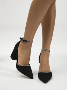 Giày cao gót mũi nhọn đính đá giả da lộn quai mắt cá chân ngày lễ tình nhân - màu đen - Xem 3