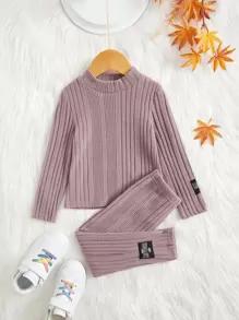 SHEIN 年輕女孩實色針織長袖t卹和帶拼布字母的褲子 - 藕粉色 - 查看 1