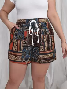 Breezaya Plus Geo & Floral Print Knot Front Shorts - Multicolor - View 1