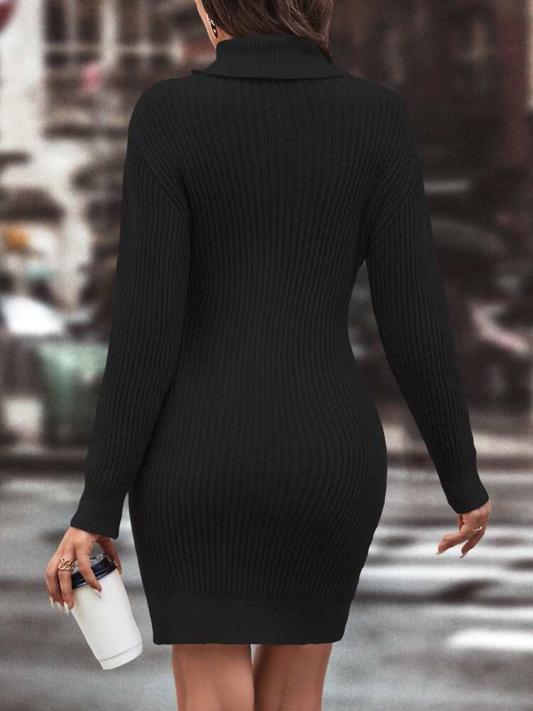 Turtleneck Ribbed Knit Sweater Dress Fall Winter Cloth For Women