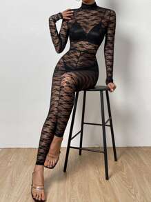 SHEIN Allurite Mock Neck Sheer Lace Unitard Jumpsuit Without Lingerie - Black - View 3