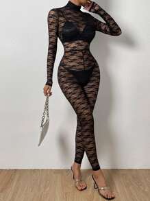 SHEIN Allurite Mock Neck Sheer Lace Unitard Jumpsuit Without Lingerie - Black - View 6