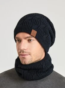 男士字母貼布豆豆帽附圍脖 - 黑色 - 查看 4