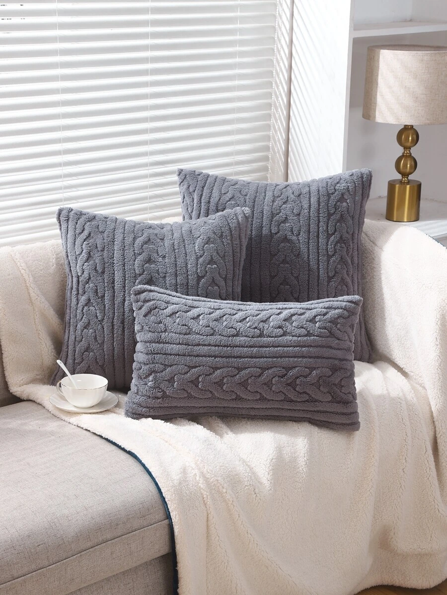 1pc Autumn/winter Geometric Pattern Jacquard Plush Pillowcase - Grey - View 1