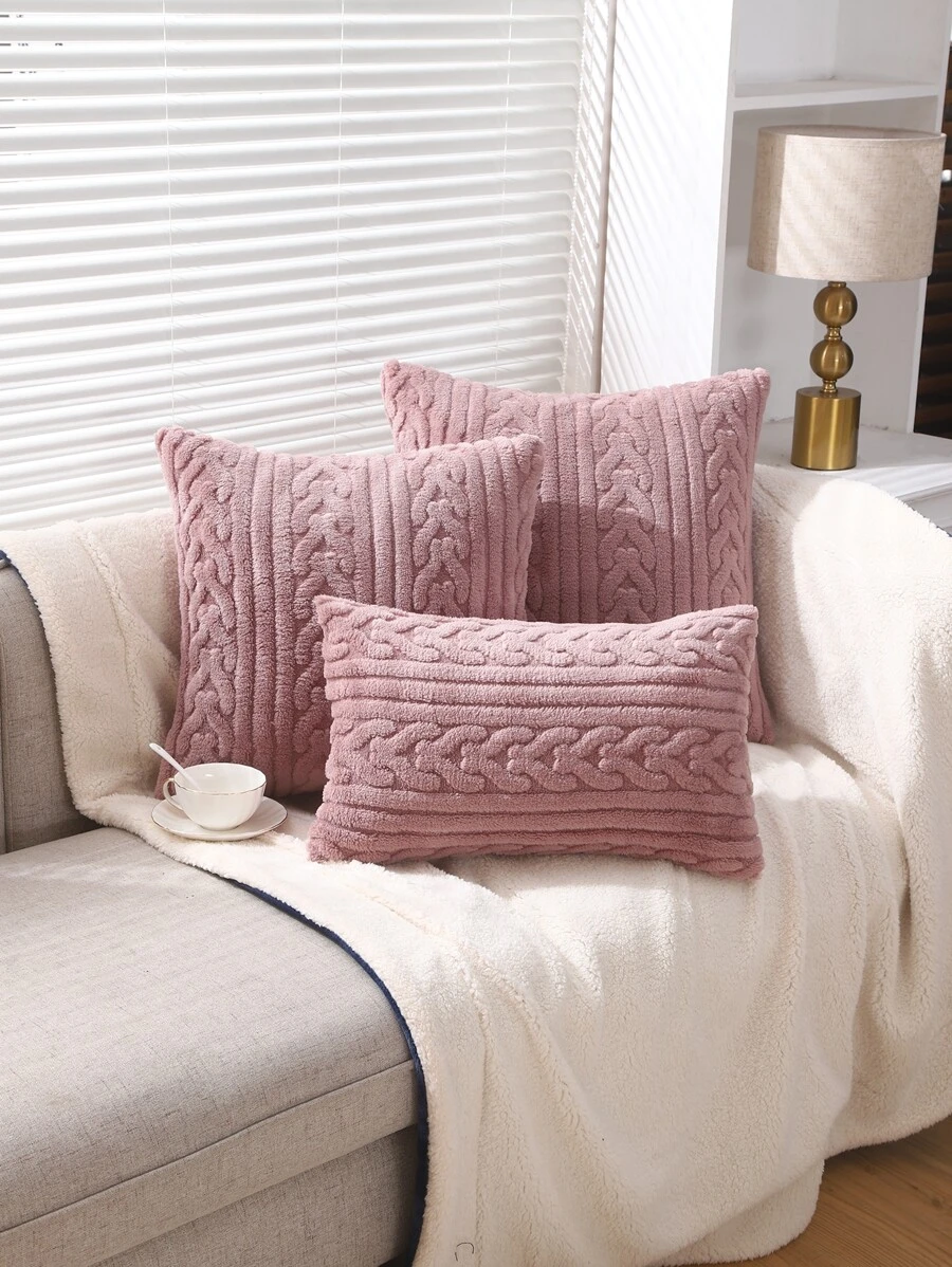 Miater 1pc Autumn/winter Geometric Pattern Jacquard Plush Pillowcase - Pink - View 1