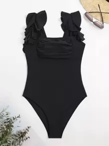Swim Vcay Summer Beach Ruffle Trim One Piece Swimsuit - Black - View 5