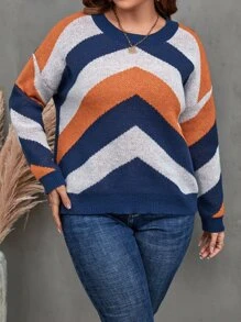 SHEIN LUNE Plus Color Block Drop Shoulder Sweater Knit Pullover Fall Winter Sweater - Multicolor - View 3