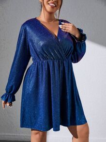 SHEIN Clasi Plus Surplice Neck Flounce Sleeve Glitter Dress - Royal Blue - View 4