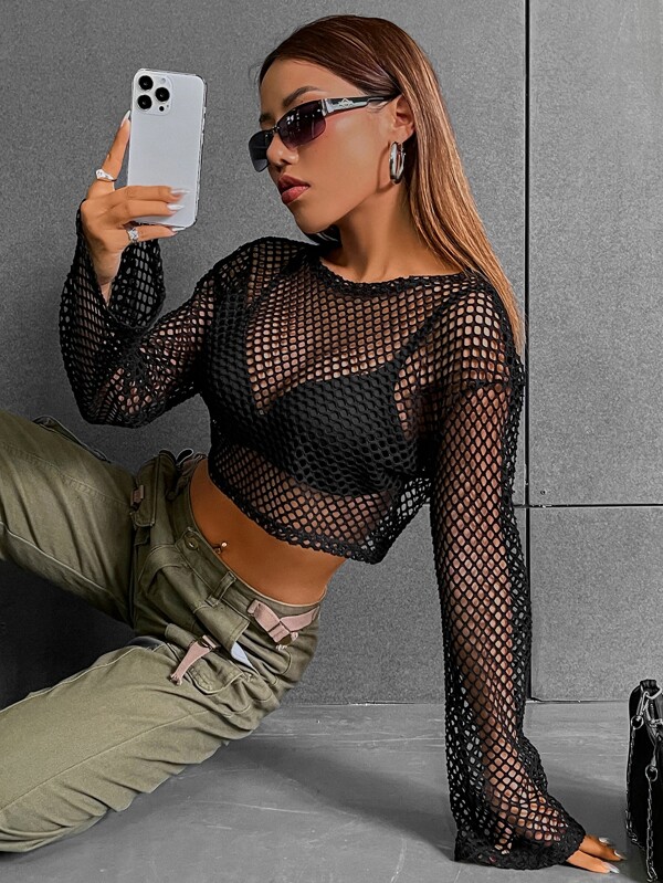 SHEIN ICON Music Festival Black Sheer Fishnet Mesh Crop Top Without Bra