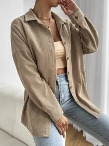 SHEIN EZwear Drop Shoulder Button Front Curved Hem Shirt - Khaki - View 5