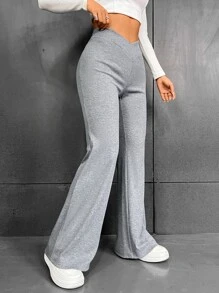 SHEIN EZwear V腰喇叭褲 - 灰色 - 查看 3