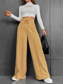SHEIN EZwear Solid Drawstring Waist Sweatpants - Khaki - View 4