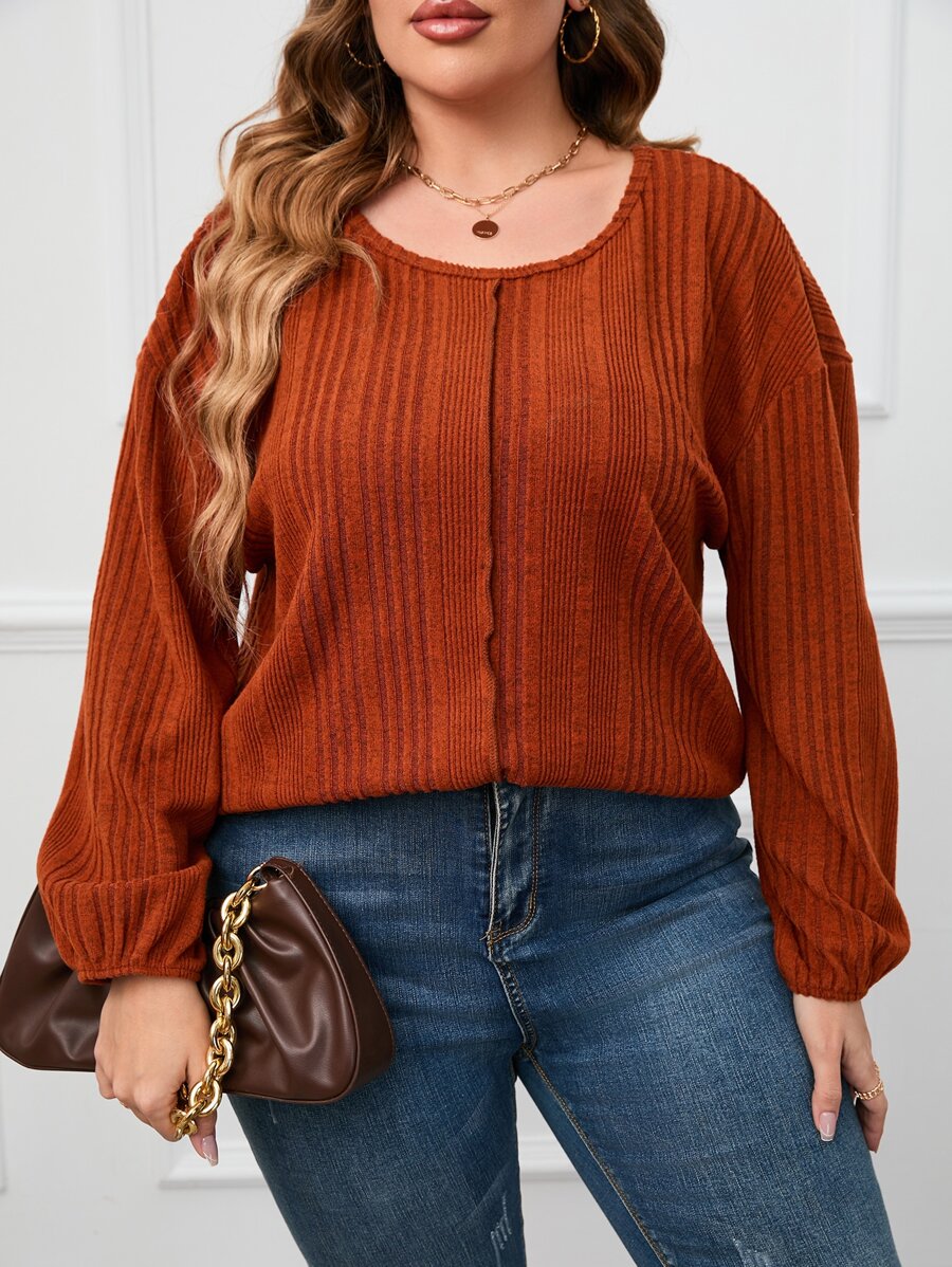 SHEIN LUNE 大碼頂針落肩T恤 - 亮橙色 - 查看 1