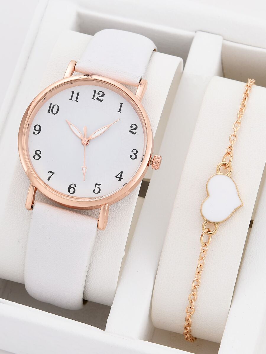 Round Shaped Watch & Heart Decor Bracelet - White - View 1