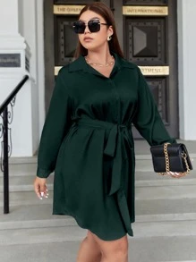 Celure Vestido camisero con botón delantero con cinturón - Verde Oscuro - Ver 1