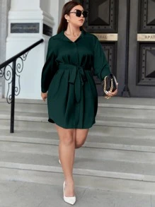 Celure Vestido camisero con botón delantero con cinturón - Verde Oscuro - Ver 6