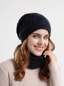 Gorro de punto con parche de letra y bufanda infinita, regalo de invierno y otoño para el Día de San Valentín - Negro - Ver 4
