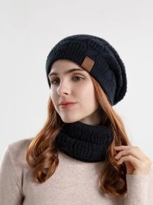 Gorro de punto con parche de letra y bufanda infinita, regalo de invierno y otoño para el Día de San Valentín - Negro - Ver 5