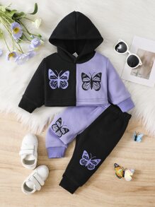 嬰兒女生兩色調蝴蝶印花連帽衫和運動長褲 - 彩色 - 查看 1