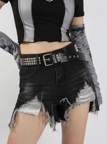 Cinturón con diseño de tachuela con hebilla cuadrada - Negro - Ver 1