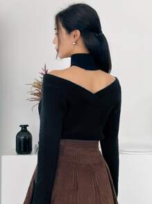 DAZY Solid Choker Neck Jumper - Black - View 2